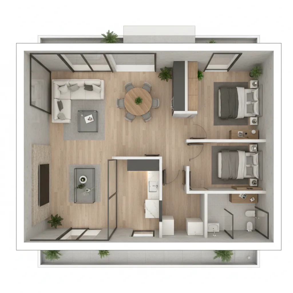 Visualisasi 3D denah rumah kecil dua kamar