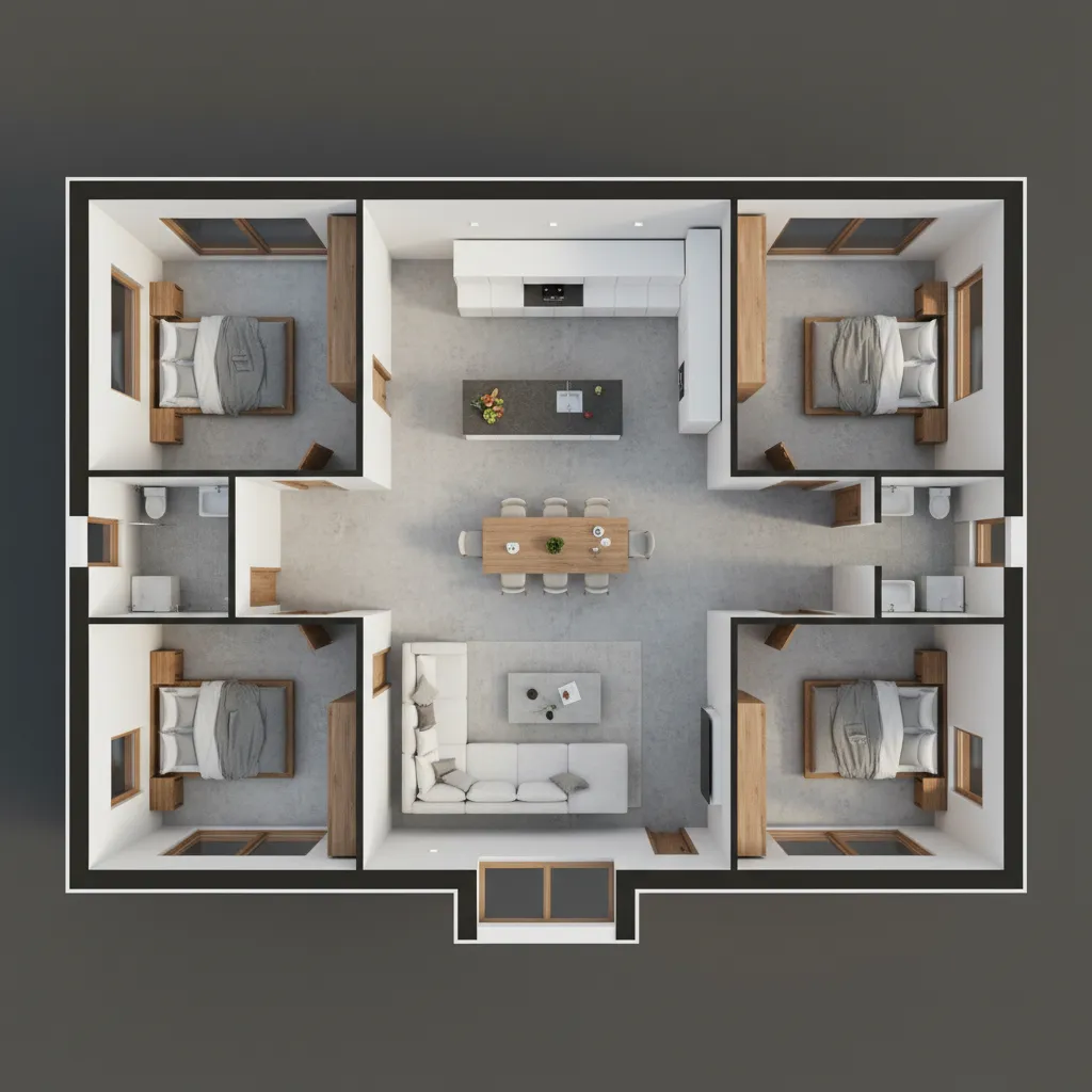 Visualisasi 3D denah rumah minimalis empat kamar