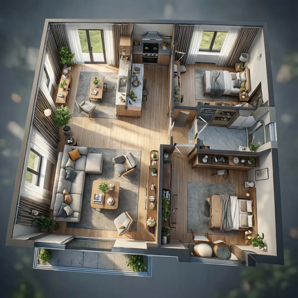 3D interior design drawing of a two bedroom apartment with grey sofa kitchen and balcony