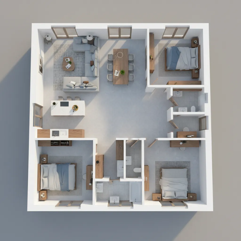 Visualisasi tiga dimensi denah rumah modern