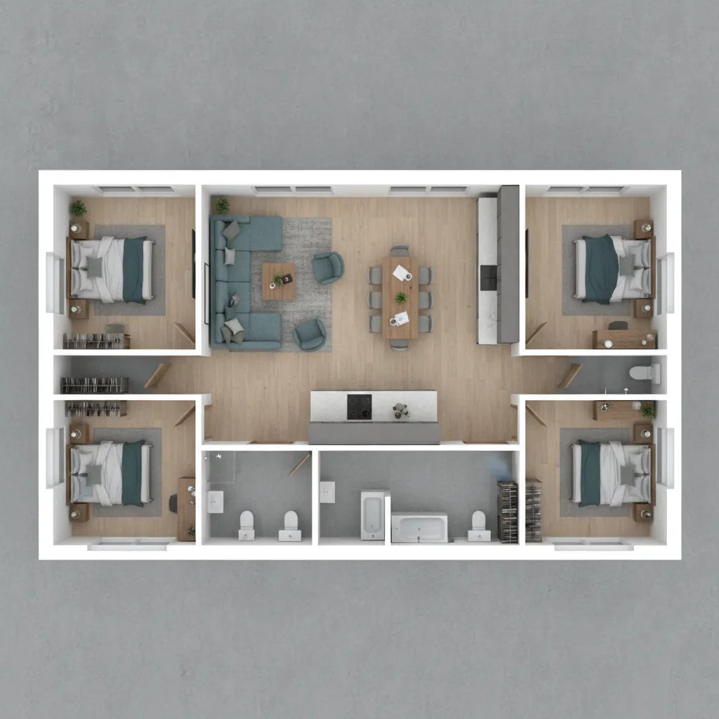 3D interior design drawing showing four bedrooms, a large living room, dining area, and bathrooms.