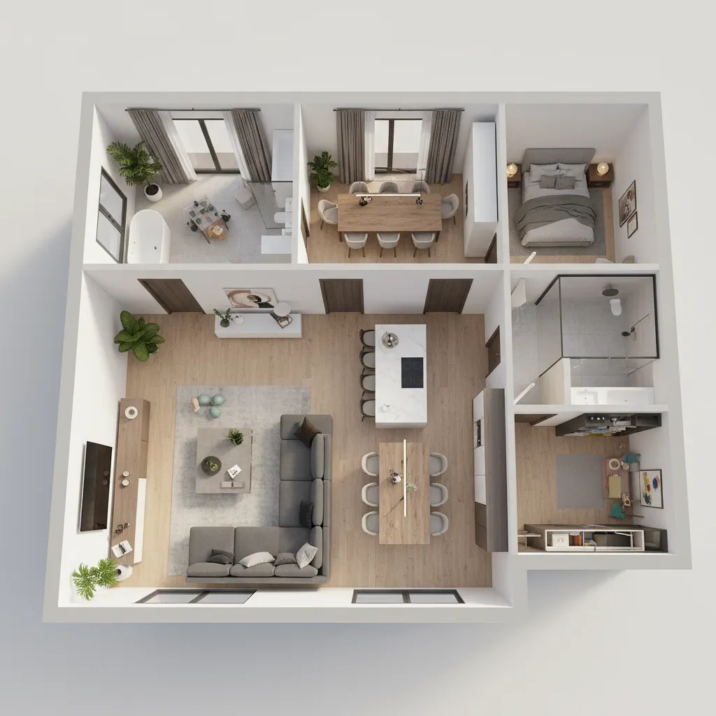 Visualisasi tiga dimensi denah rumah modern