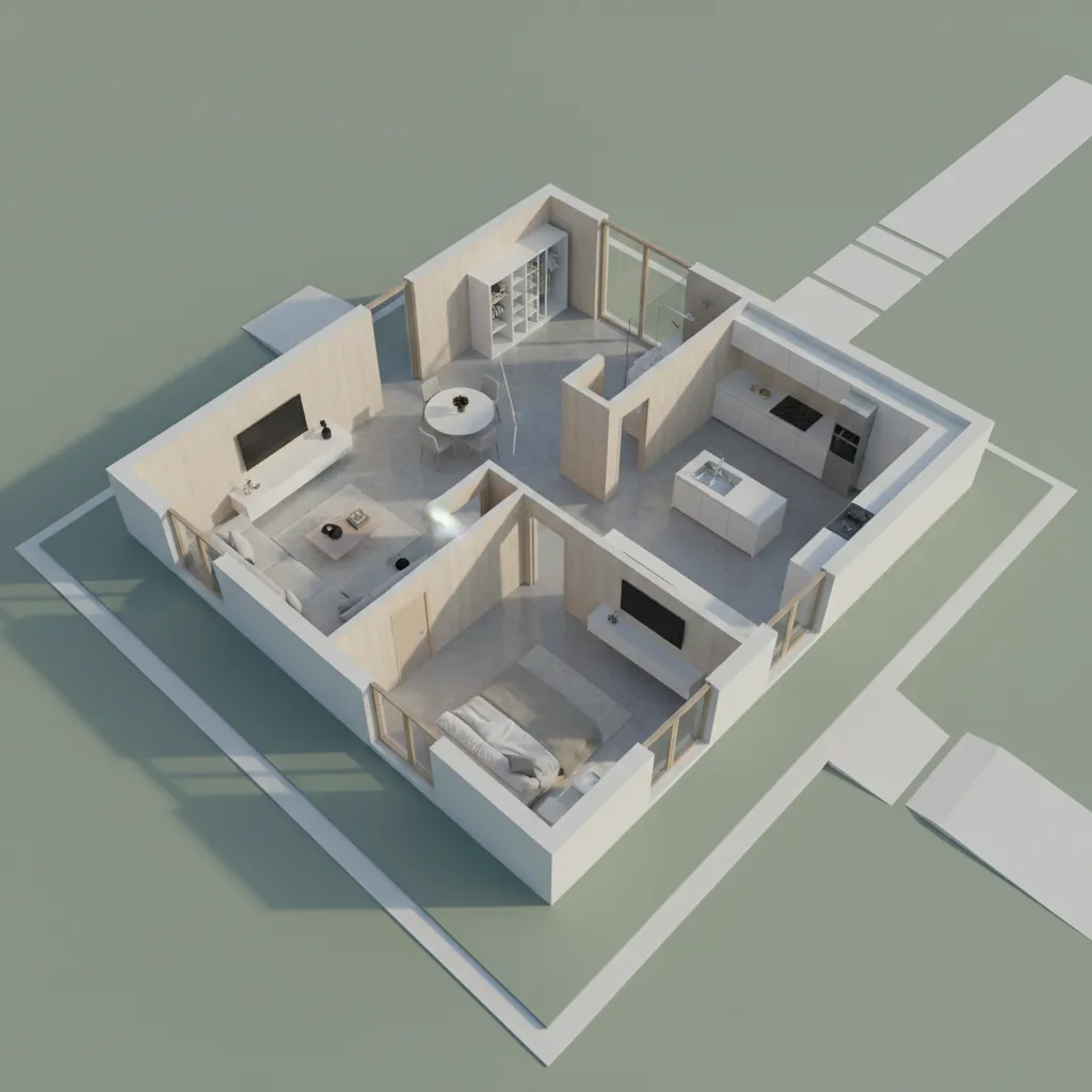 Visualisasi 3D denah rumah kecil