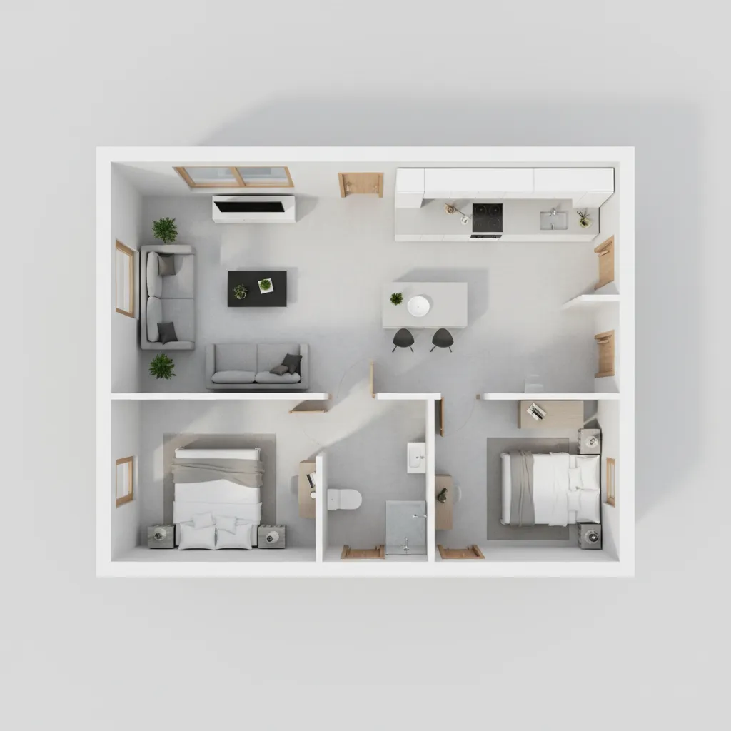 Top down interior design drawing of two bedroom apartment with living room kitchen and bathroom