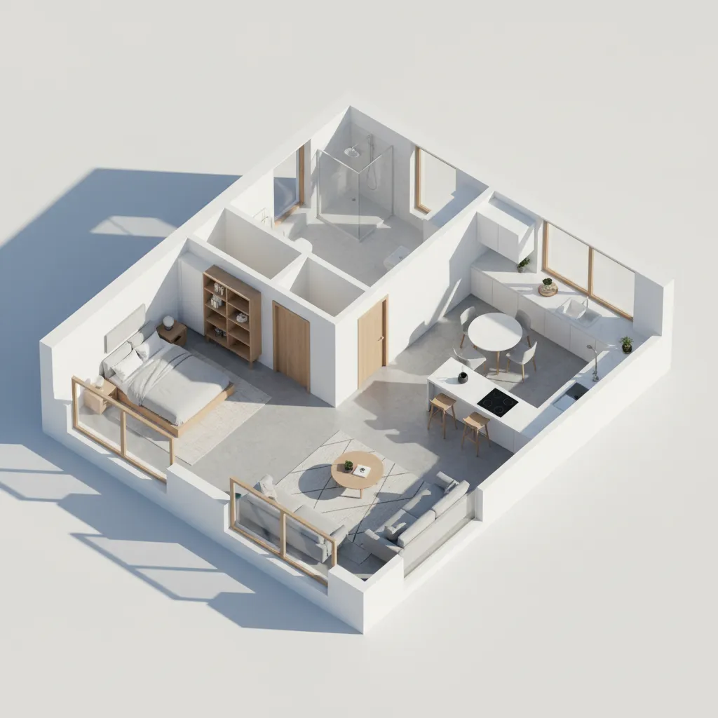 3D interior design drawing showing one bedroom apartment with white walls wood furniture and kitchen