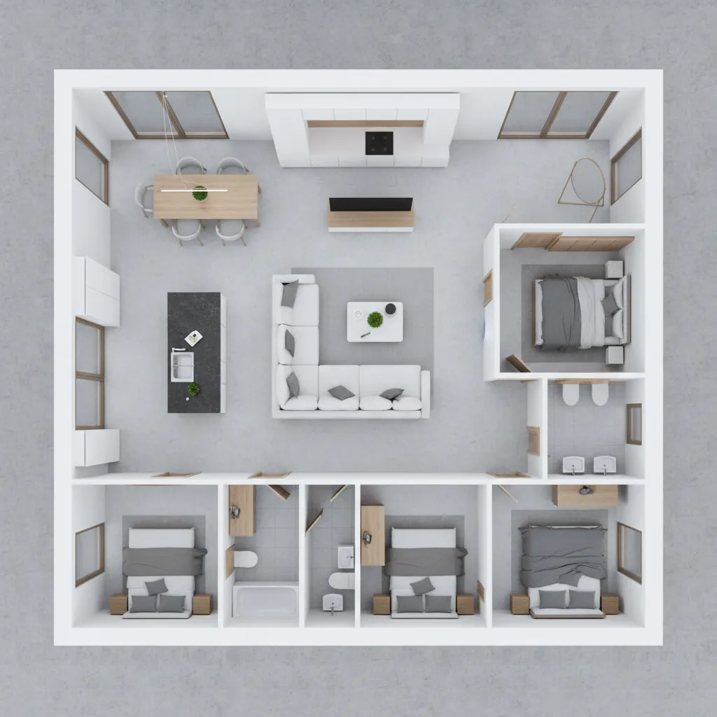 Visualisasi 3D denah rumah modern