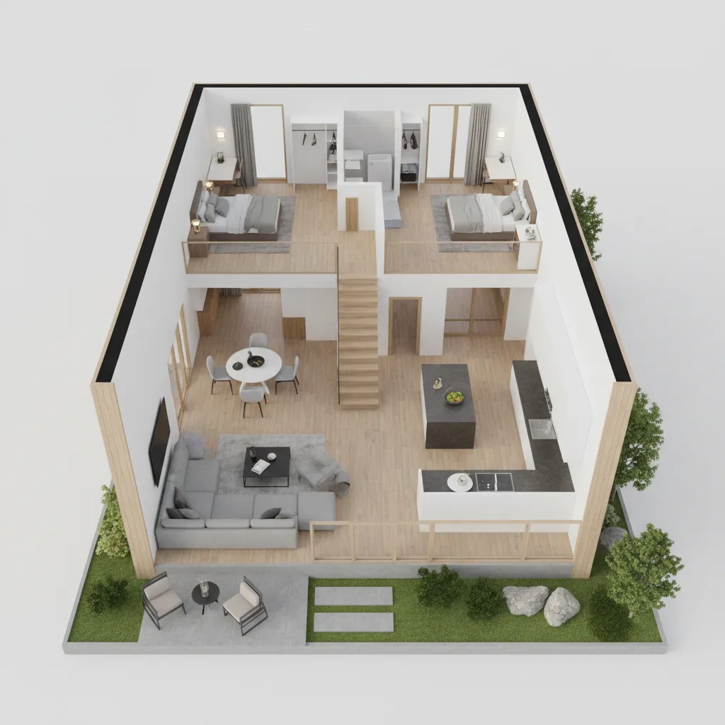 Visualisasi 3D denah rumah kecil dua lantai
