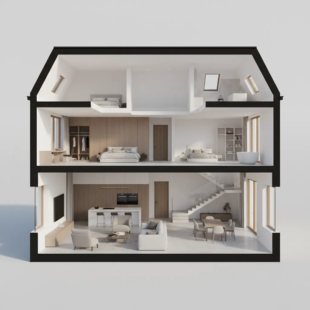 Visualisasi 3D denah rumah modern dua lantai