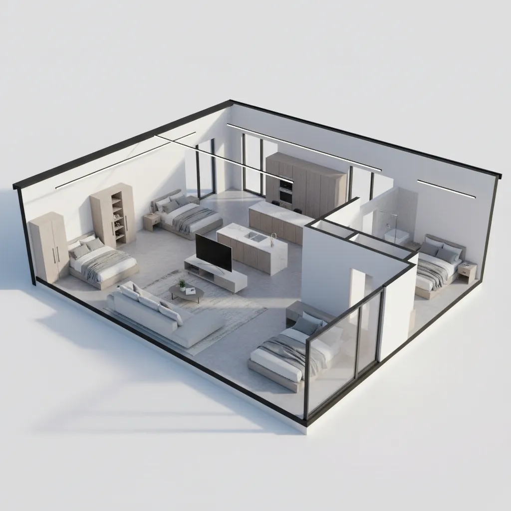 3D interior design drawing showing open layout with living room kitchen island and four beds