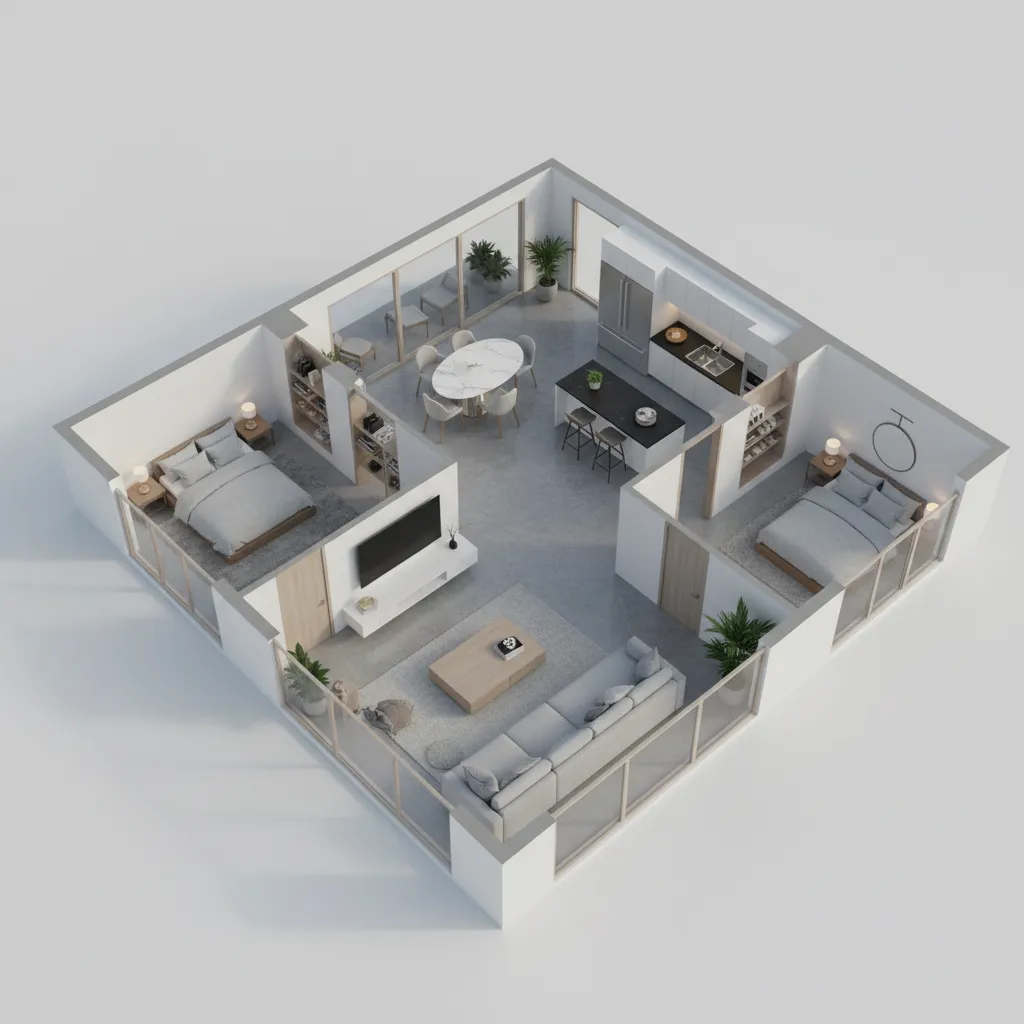 Three dimensional interior design drawing of a modern home with two bedrooms and grey sofa