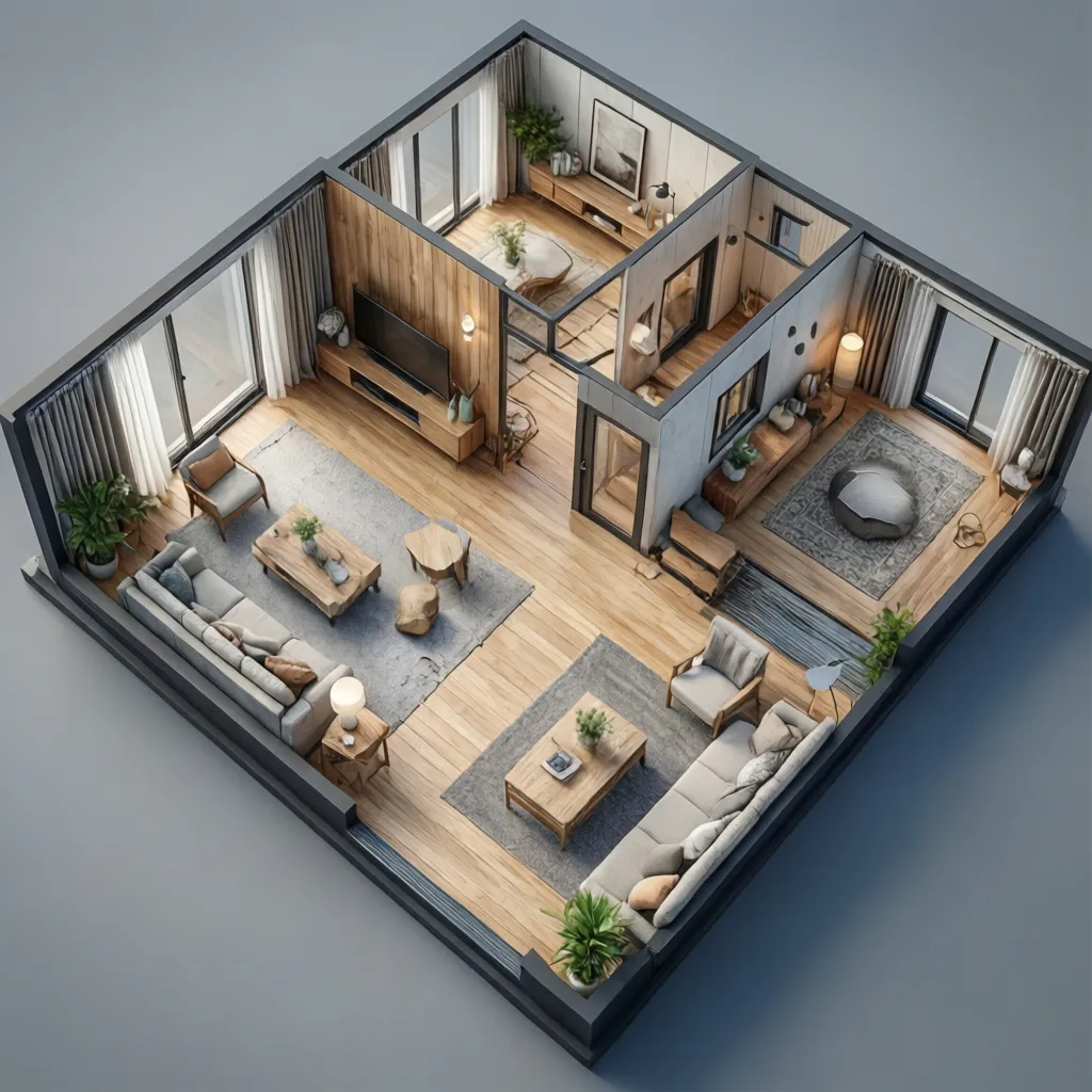 Visualisasi 3D denah rumah kecil sebelum pembangunan