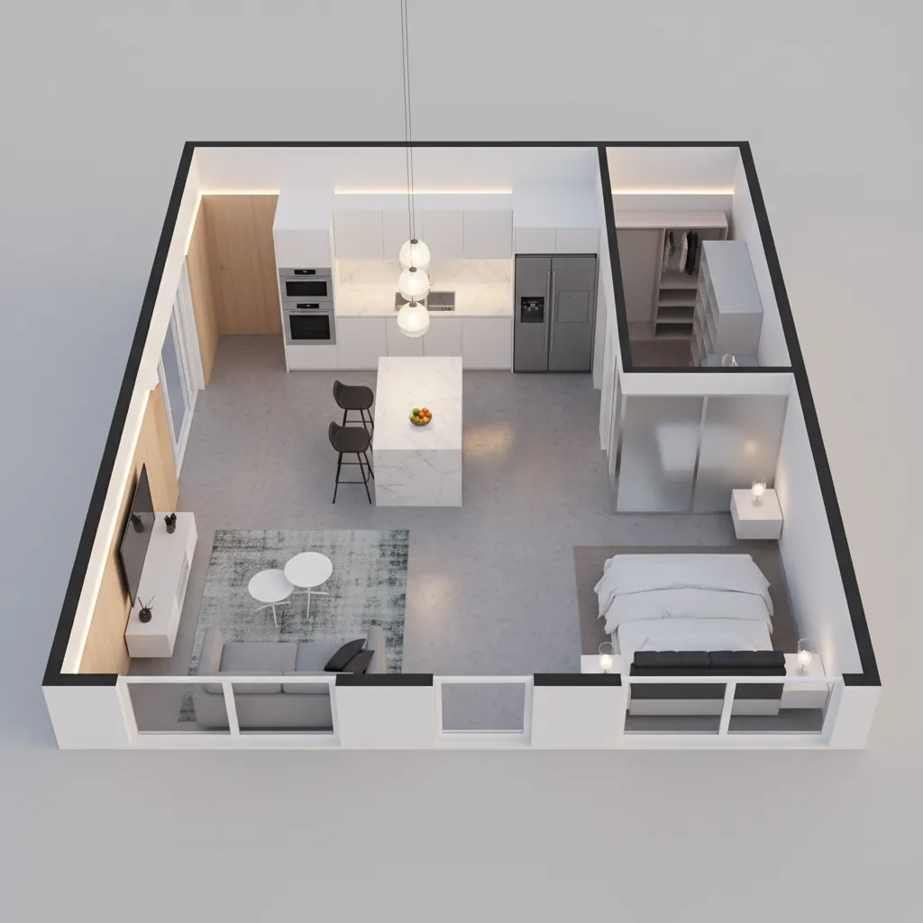 Visualisasi 3D dari denah rumah kecil