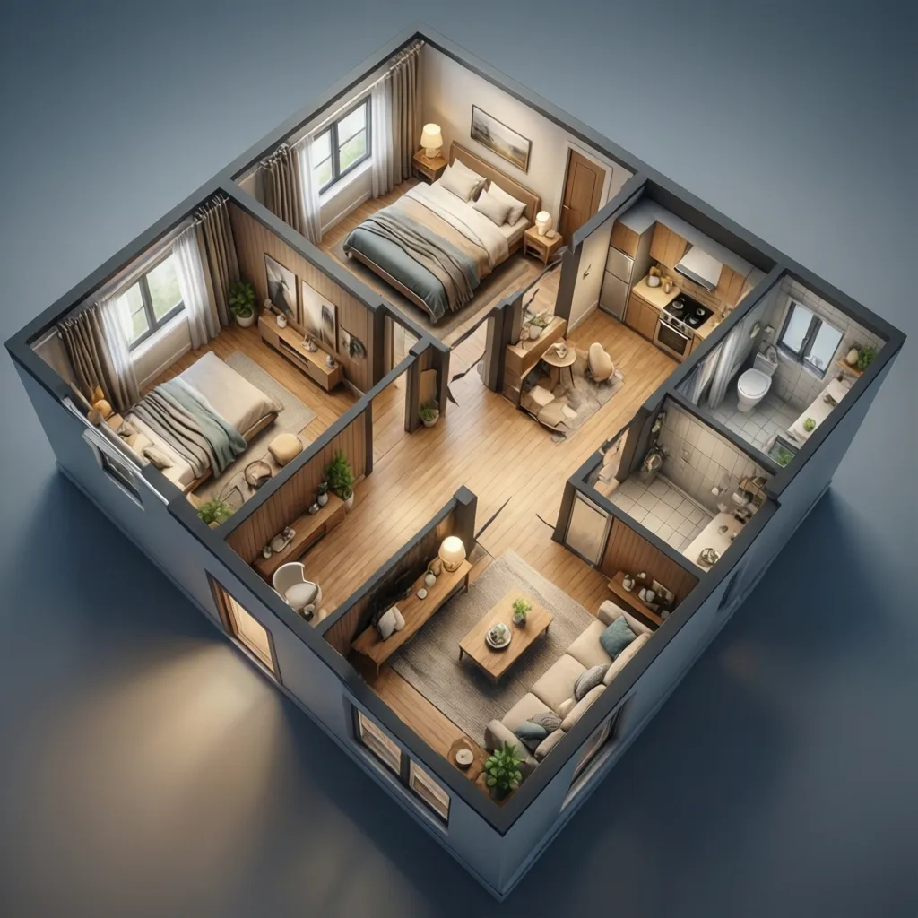Visualisasi tiga dimensi denah rumah kecil