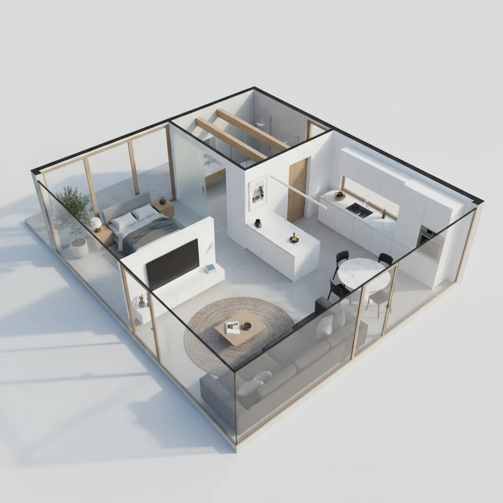 Modern house interior design drawing with glass walls grey sofa and round white dining table