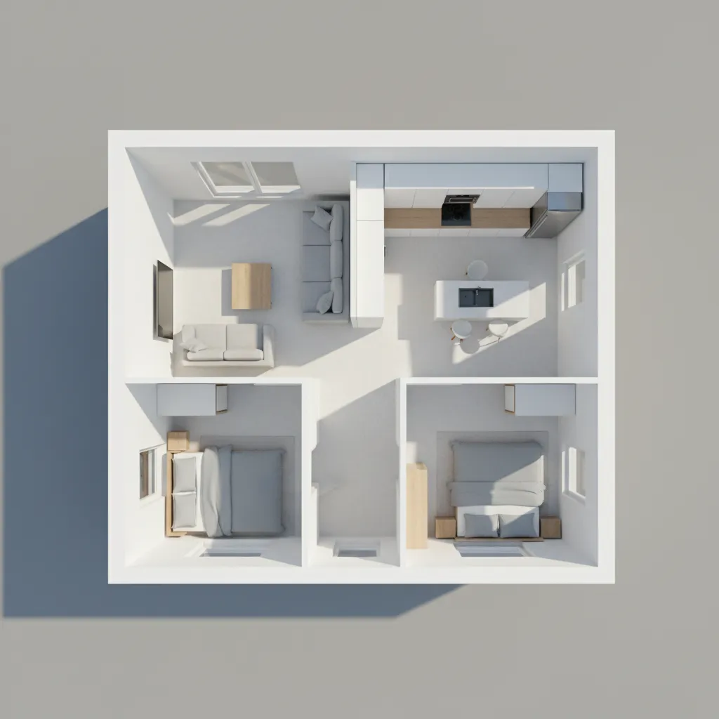 3D interior design drawing of small apartment with two bedrooms living room and white kitchen