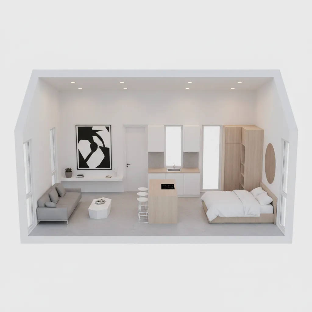Interior design drawing of small studio apartment showing living area kitchen island and bedroom furniture