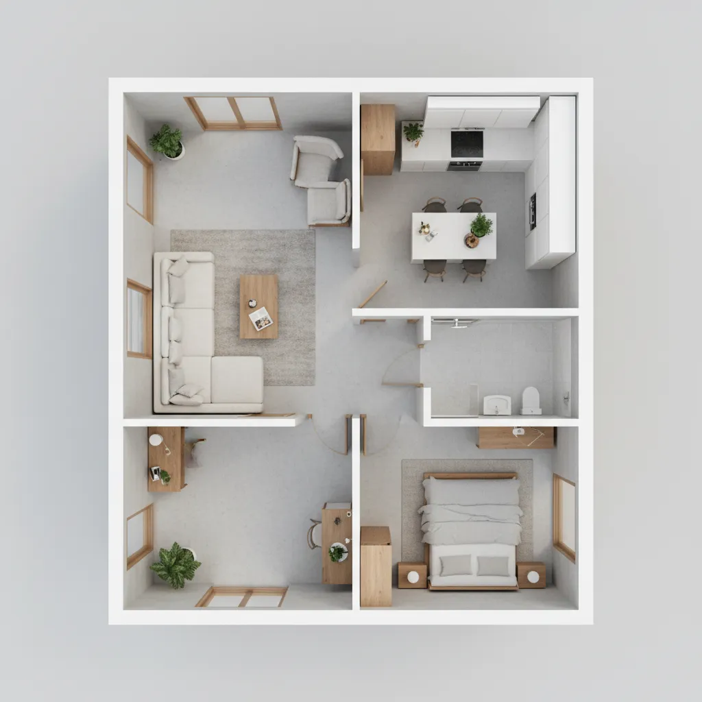 Visualisasi 3D denah rumah kecil modern