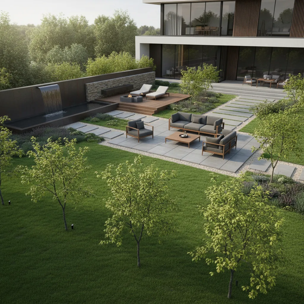 Modern backyard garden with grey outdoor sofa set on stone tiles and a small fountain