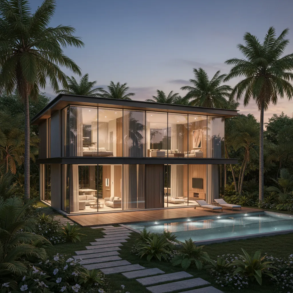 Visualisasi 3D rumah modern dua lantai