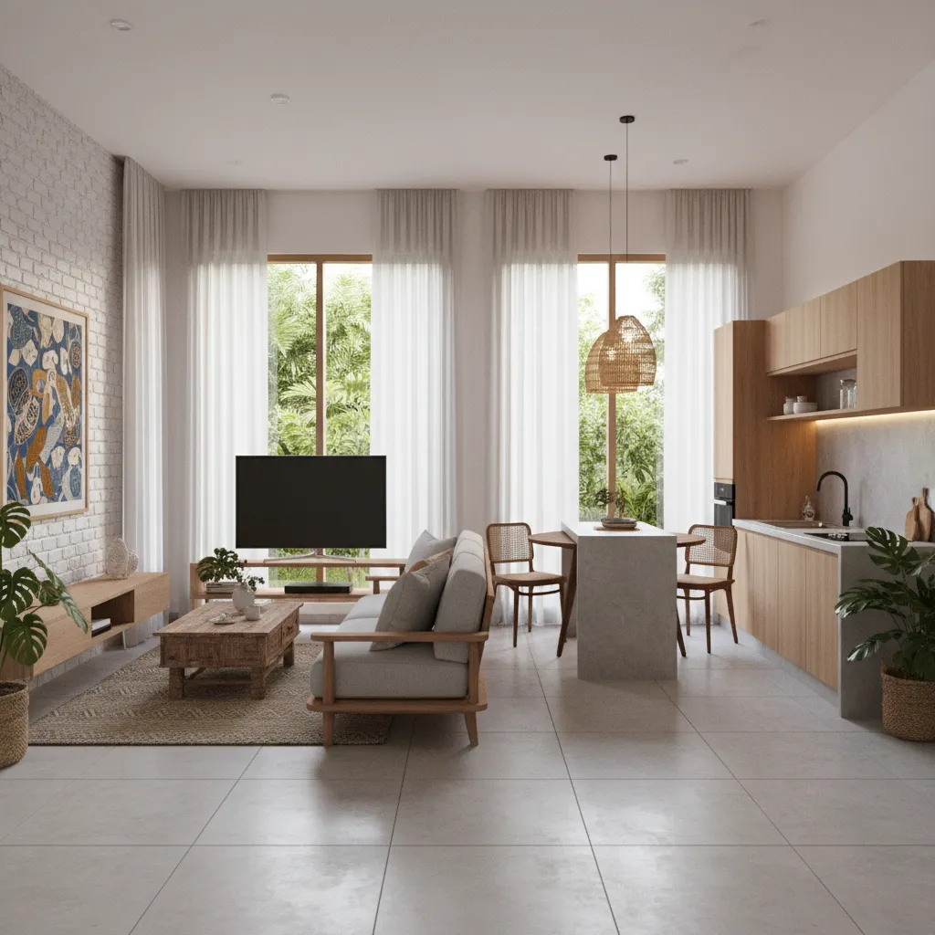 Open plan living room and kitchen with grey sofa wooden furniture white curtains and natural light