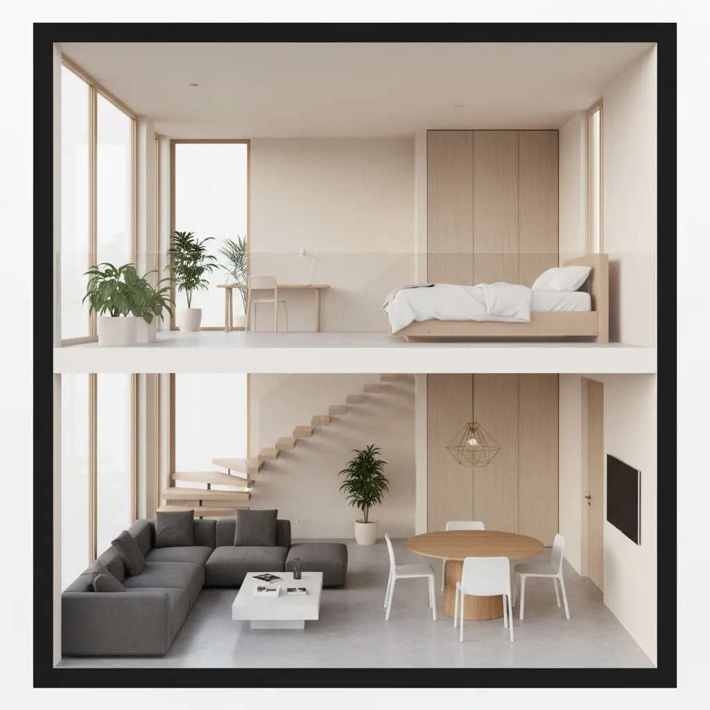 Minimalist modern small home featuring grey sofa dining table stairs and bedroom on upper floor