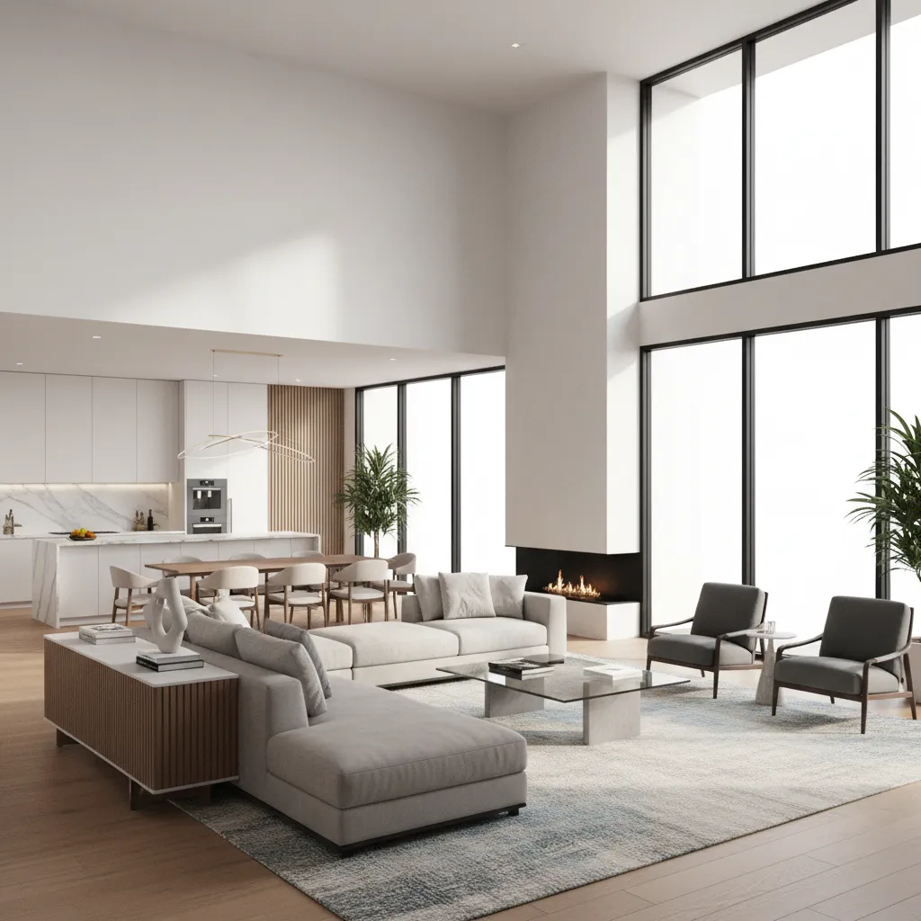 Modern open plan living room with high ceiling white walls grey sofa and large windows
