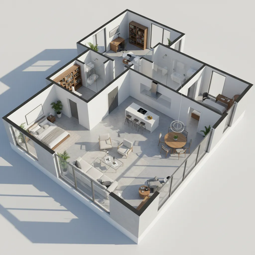 Modern apartment interior design drawing showing bedrooms kitchen living area bathrooms and a large balcony