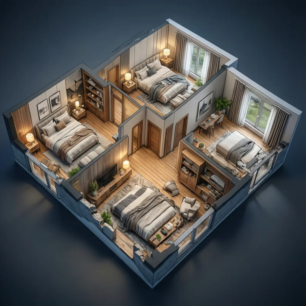 Visualisasi denah rumah dalam tampilan tiga dimensi
