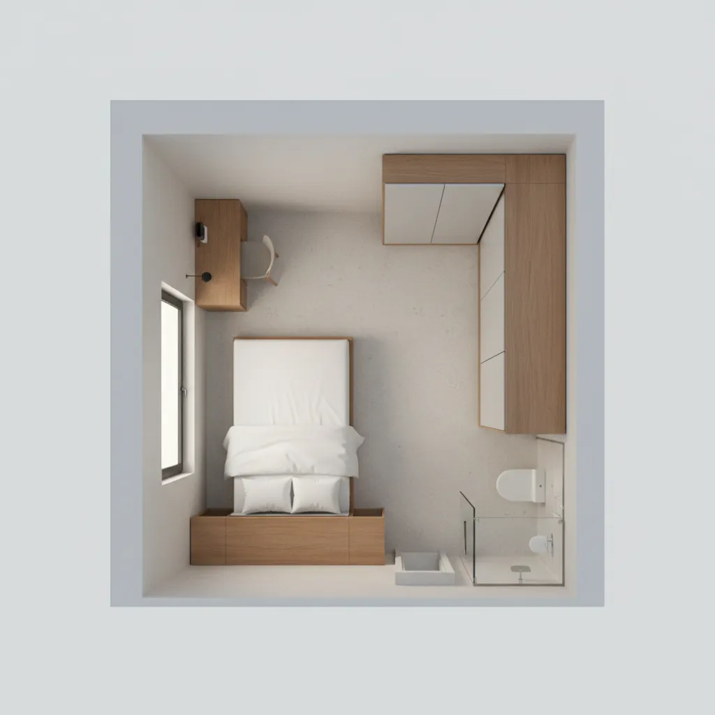 Top down interior design drawing of small room with bed desk cabinet and white shower