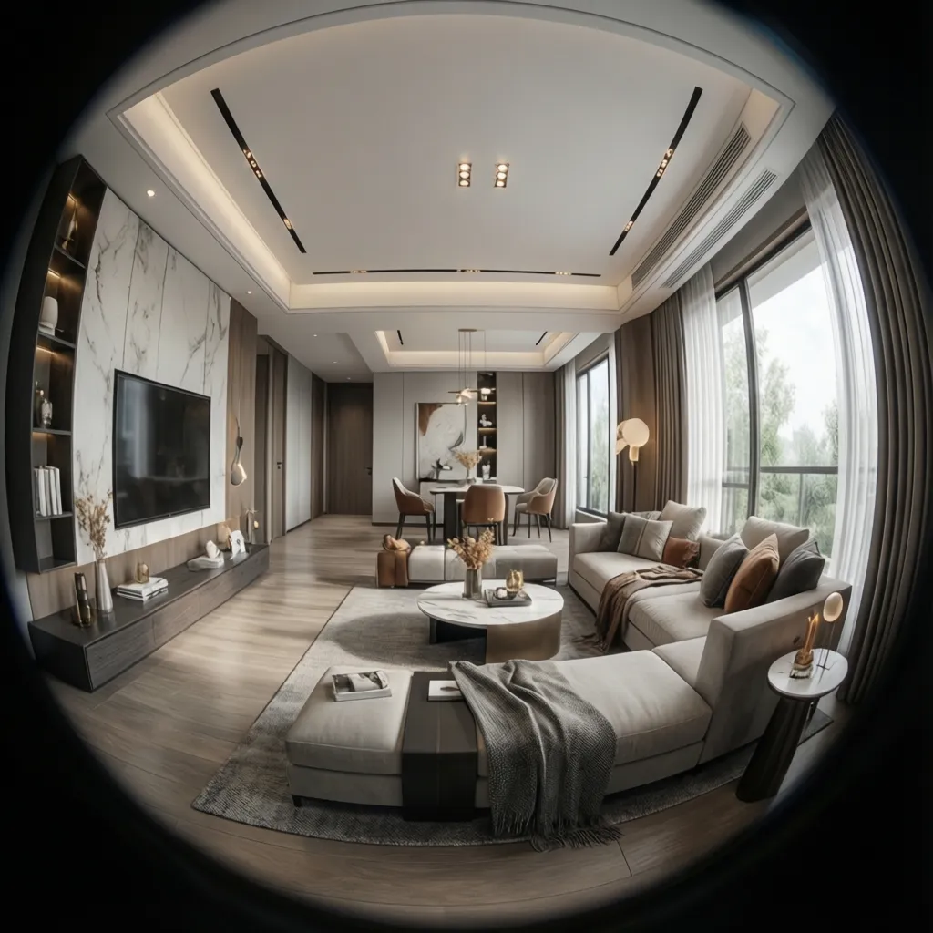 Modern living room with grey sofa marble coffee table ceiling light dining table and windows