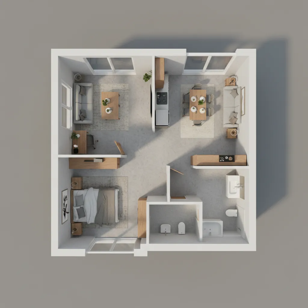 3D interior design drawing of apartment featuring bedroom living area dining space and modern bathroom