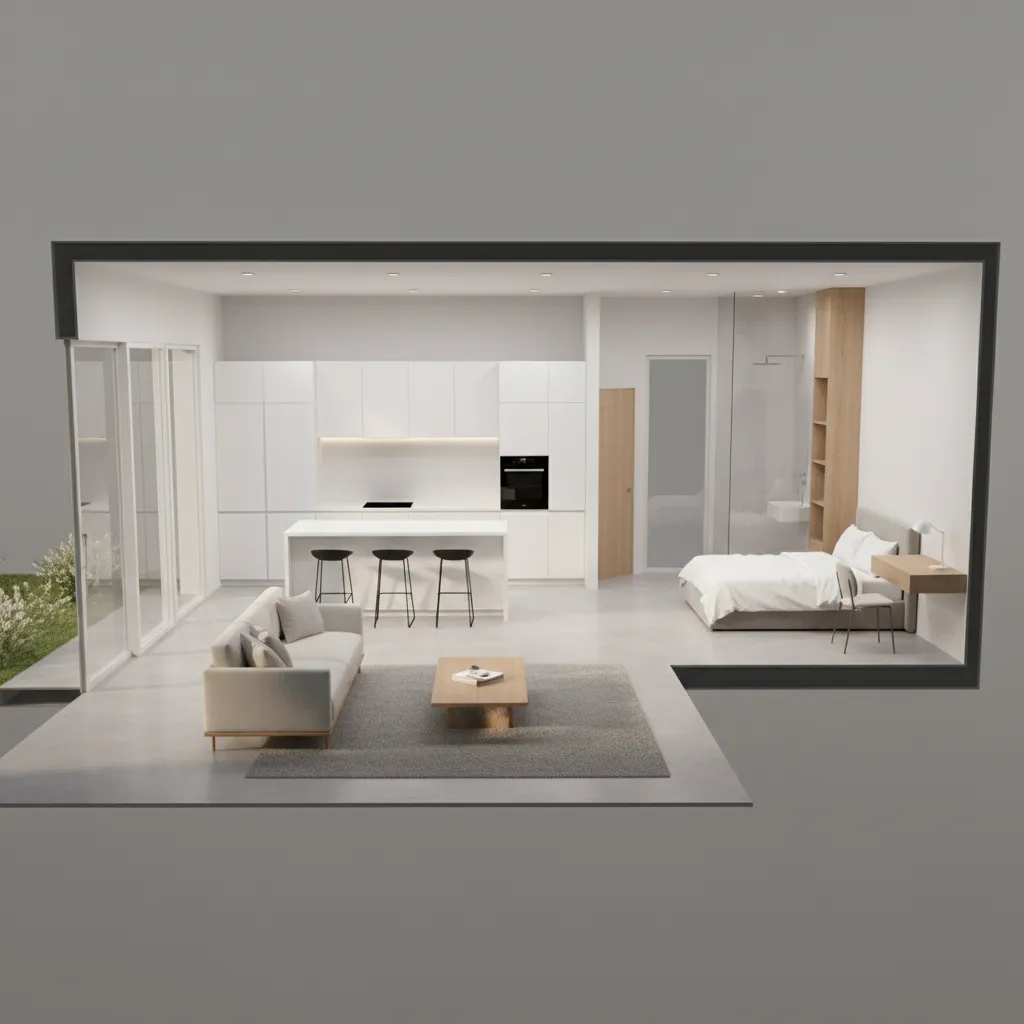 Model denah rumah dalam tampilan 3D dengan beberapa ruangan