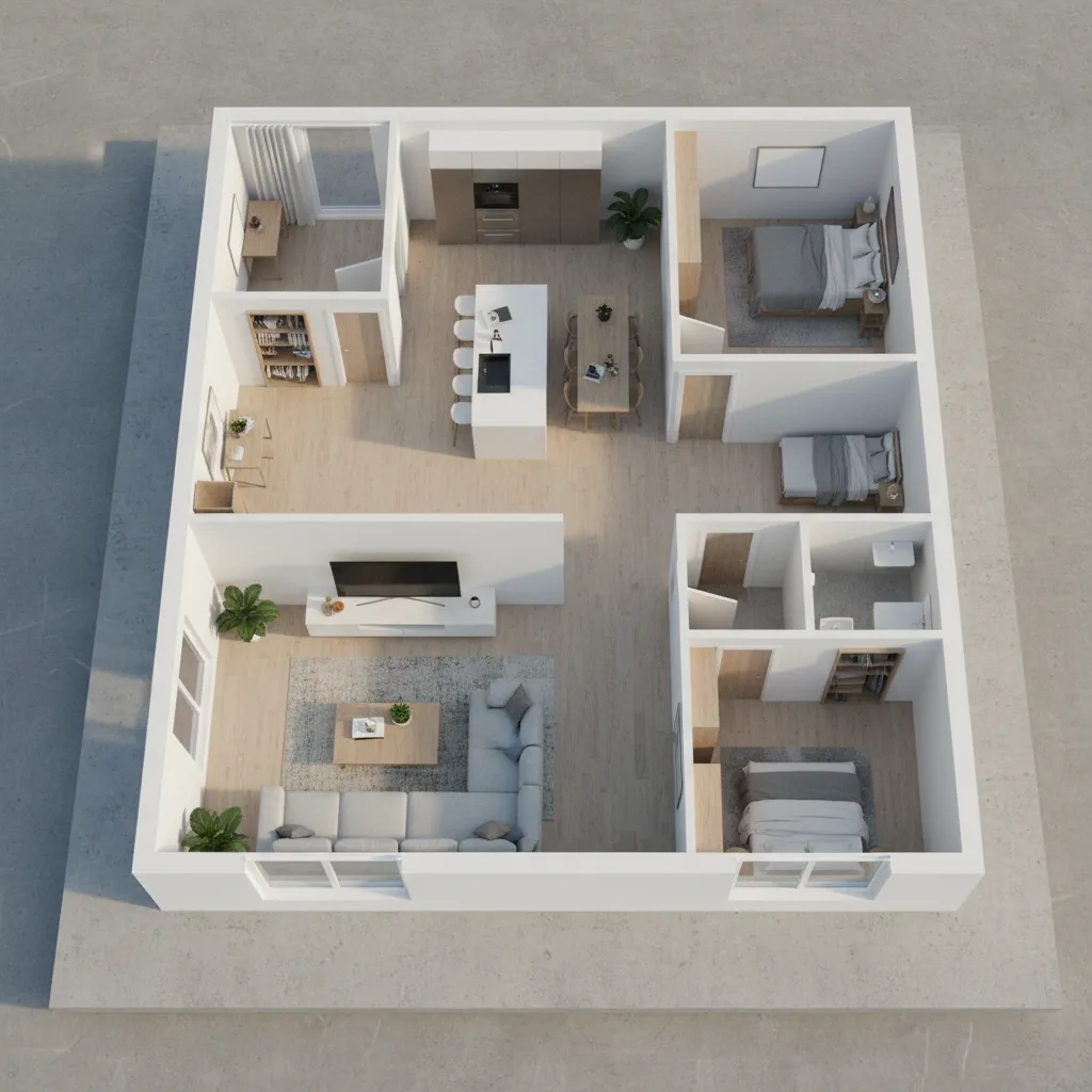 Model tiga dimensi denah rumah kecil