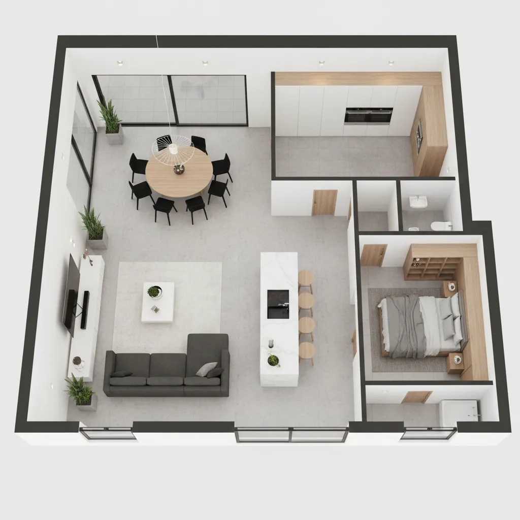 Visualisasi denah rumah 3D ukuran 10x10