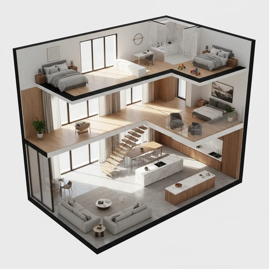 Three dimensional interior design drawing showing living room stairs and bedrooms with modern glass railings