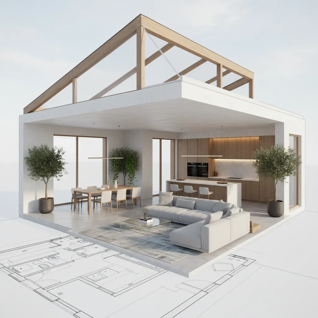 Modern 3D interior design drawing showing a living room and kitchen above 2D house plan