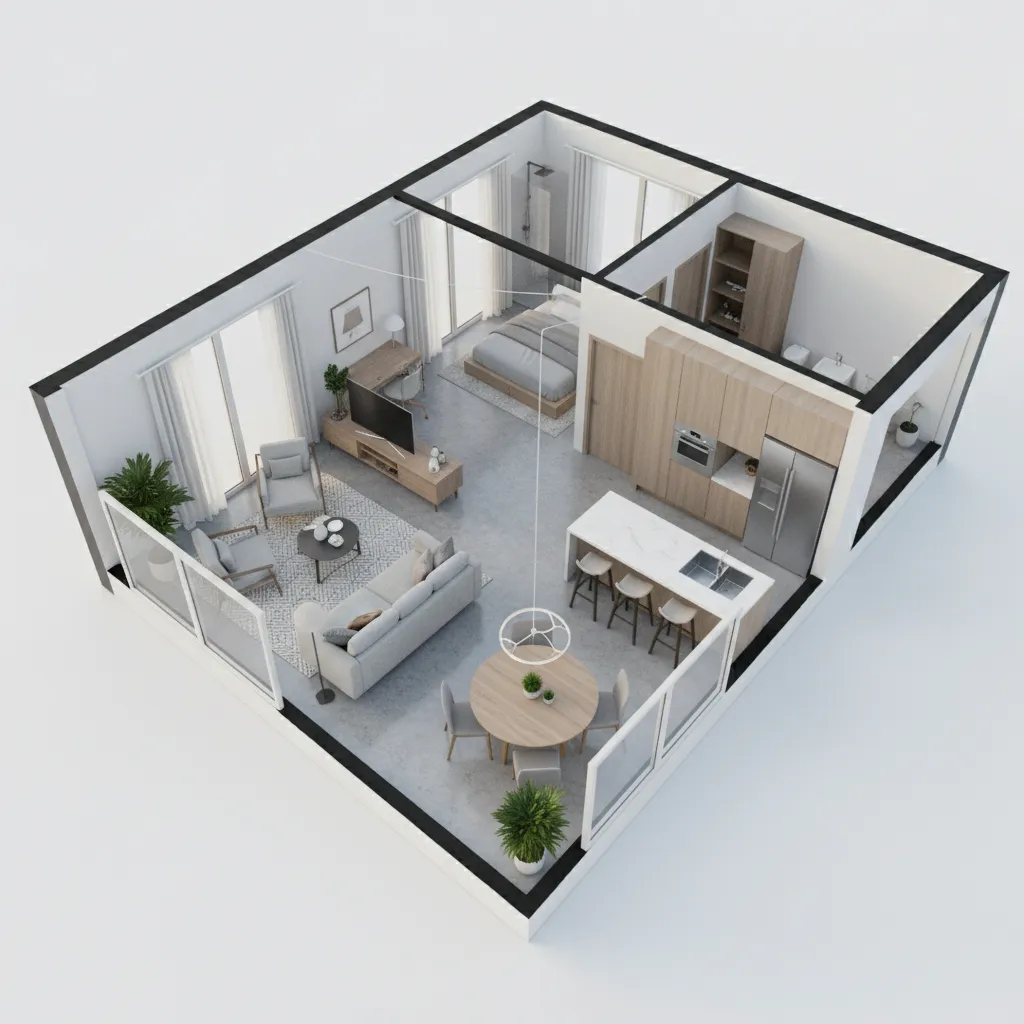 Visualisasi tiga dimensi denah rumah kecil