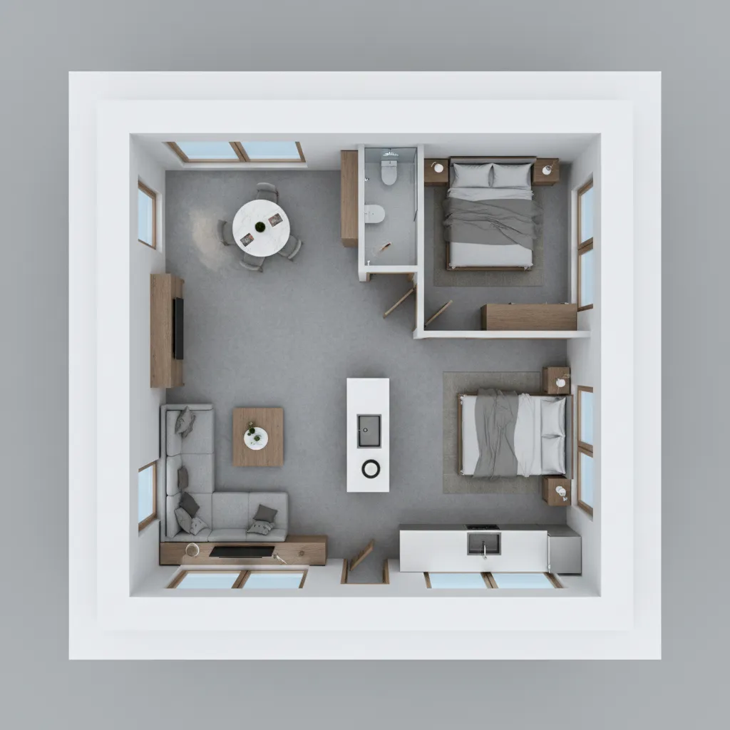 Visualisasi 3D denah rumah kecil