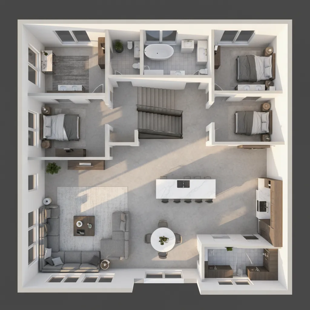 Modern three bedroom 3D house floor plan with grey sofas kitchen island stairs and walls