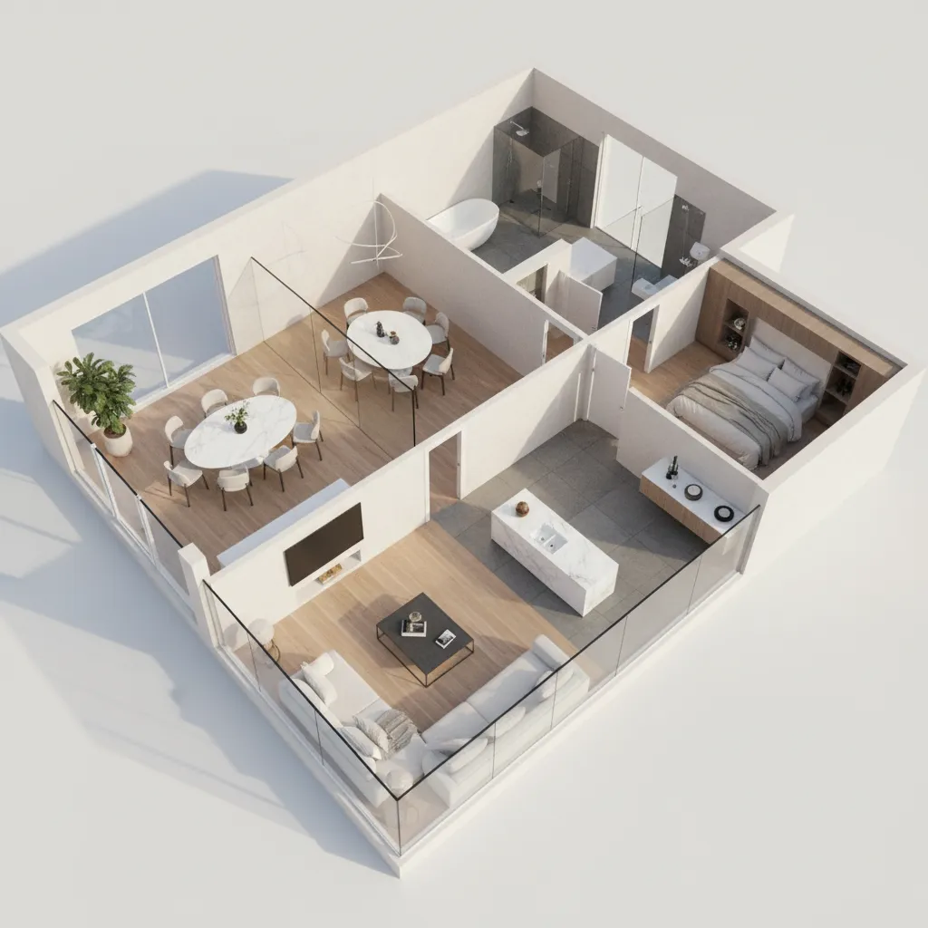 Modern three dimensional home layout showing living room kitchen bedroom and bathroom with minimalist furniture