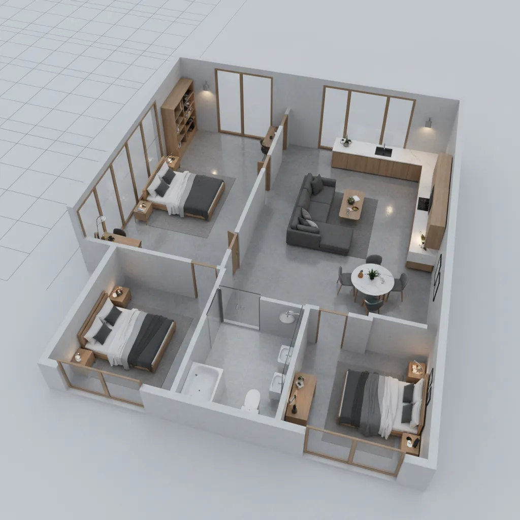 3D interior design drawing showing three bedroom apartment layout with living room kitchen and bathroom