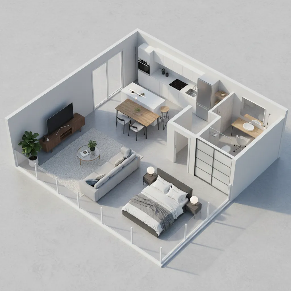 Visualisasi 3D denah rumah kecil untuk perencanaan desain