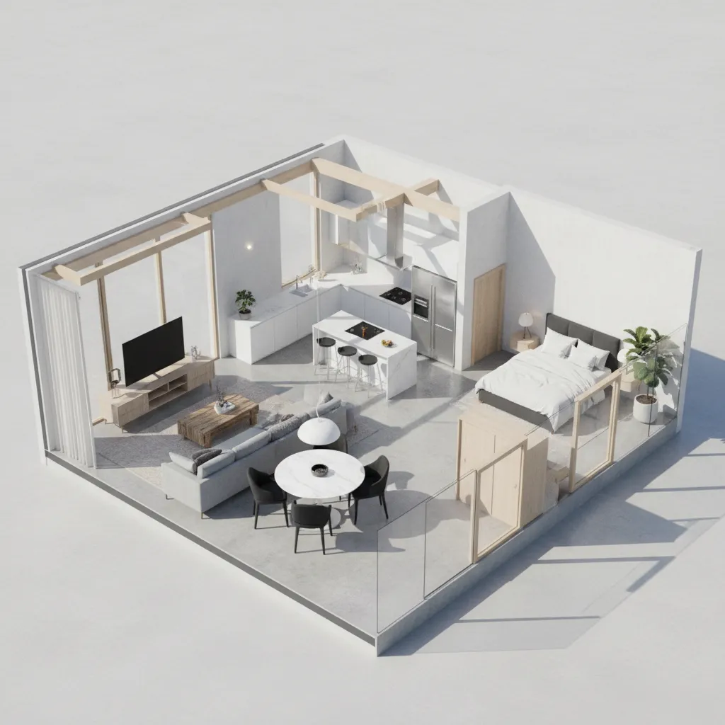 Interior design drawing of a studio apartment showing kitchen island living area and bedroom layout