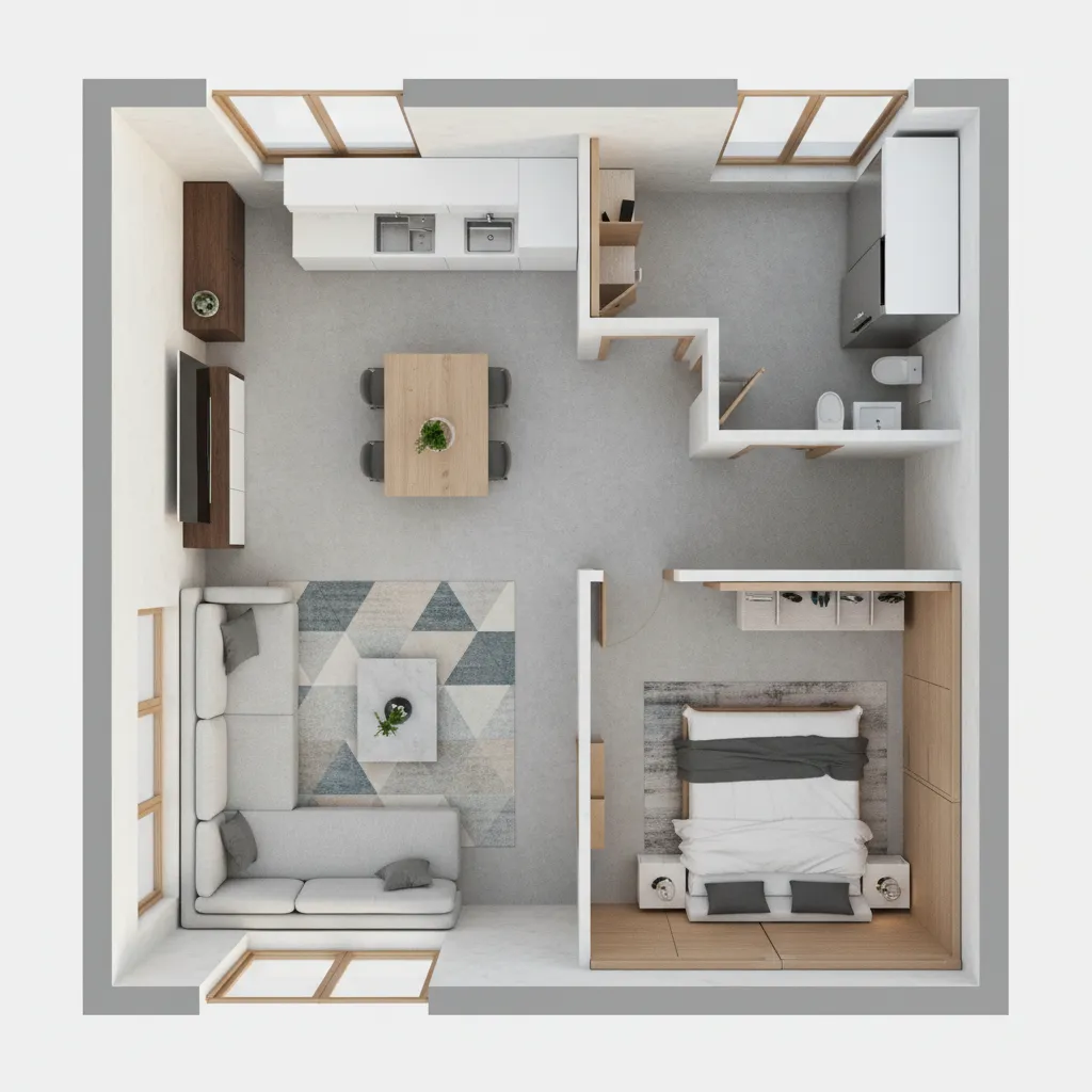 3D interior design drawing of a small apartment layout with kitchen living room and bedroom