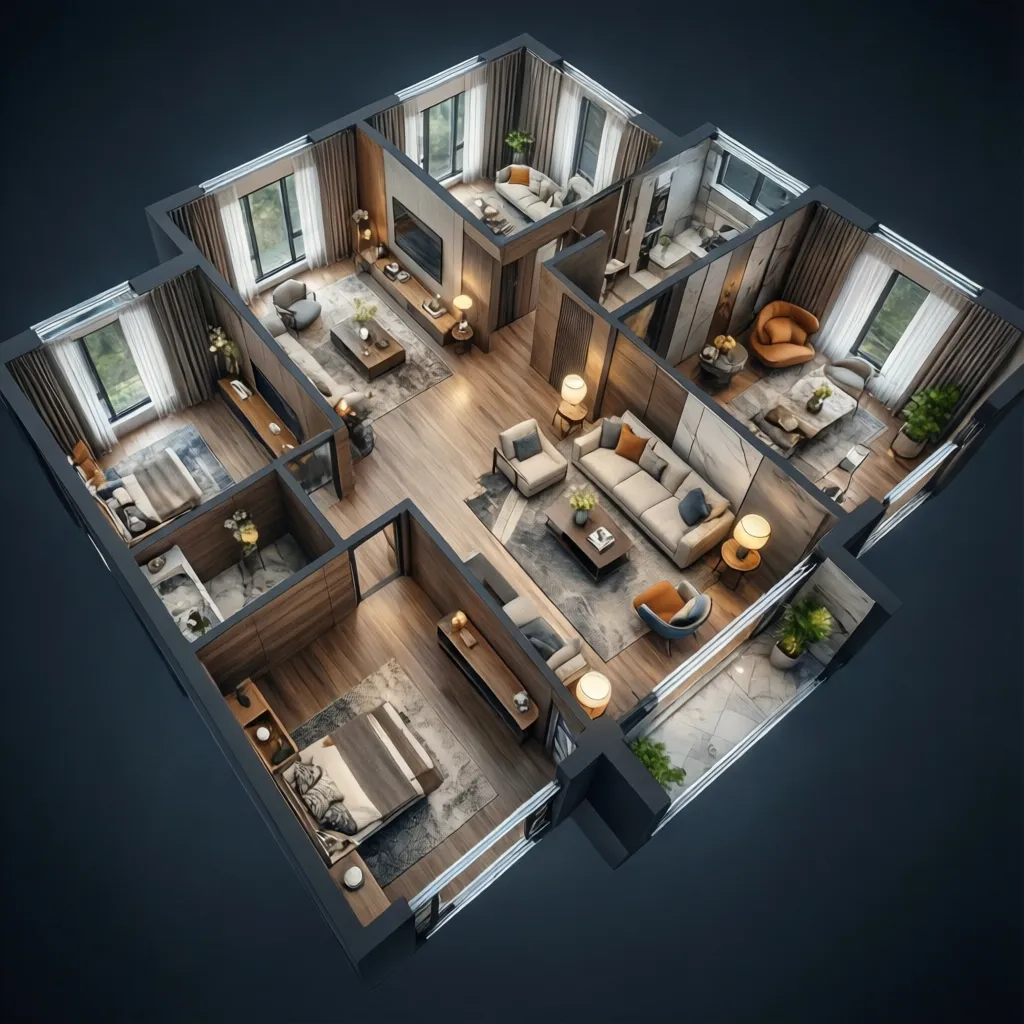 Visualisasi denah rumah dalam tampilan tiga dimensi