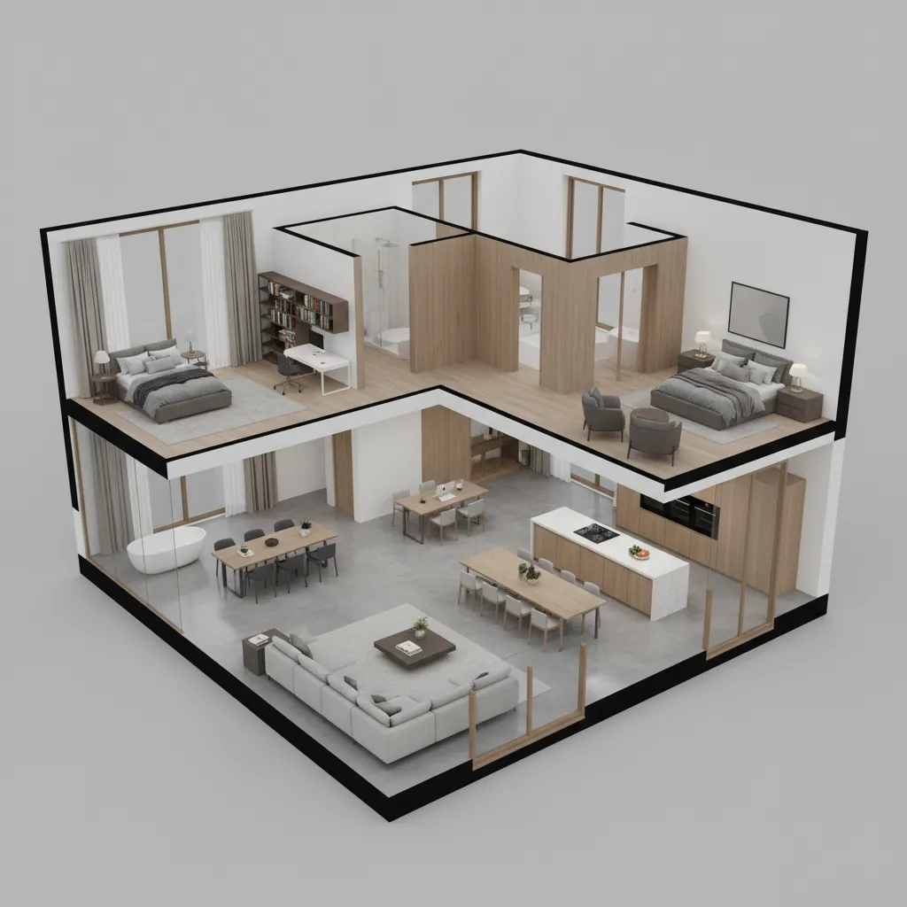 Visualisasi denah rumah dalam tampilan tiga dimensi
