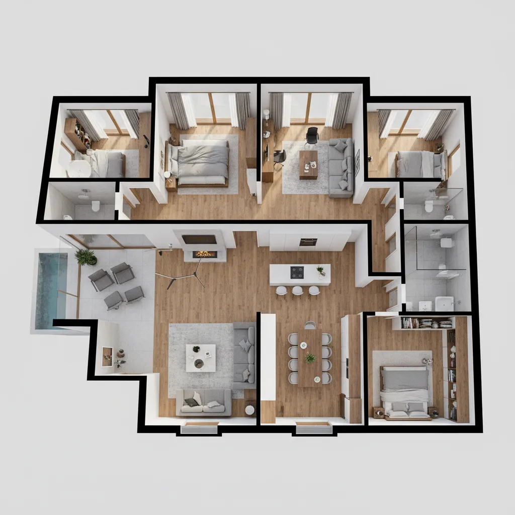 Visualisasi 3D denah rumah modern