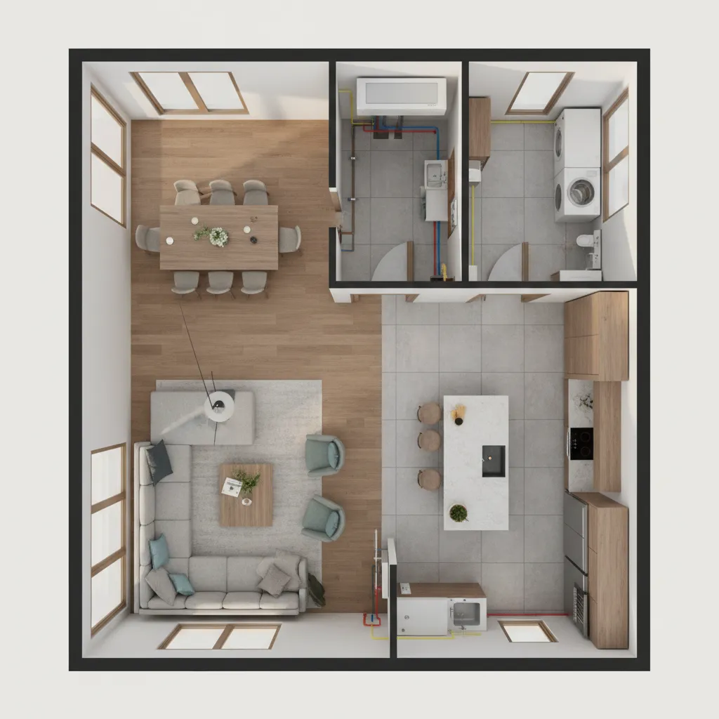 Visualisasi denah rumah 3D dengan instalasi utilitas
