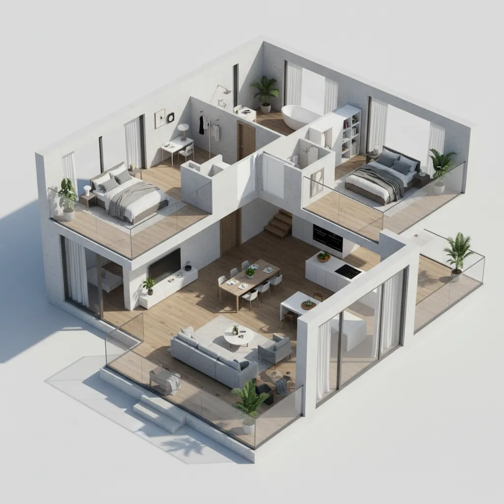 Visualisasi 3D denah rumah dua lantai
