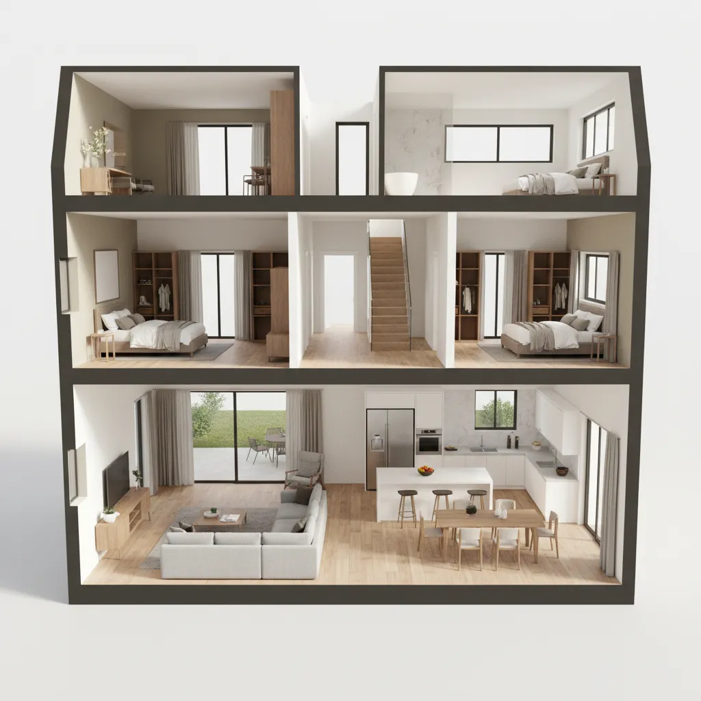 Visualisasi tiga dimensi denah rumah dua lantai